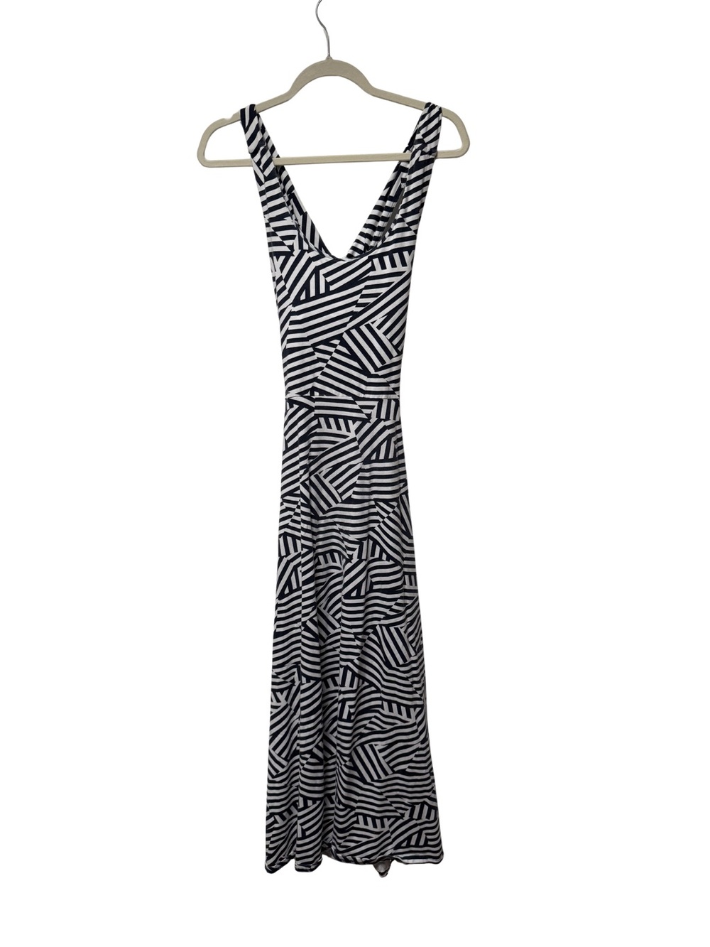 Pact Organic Cotton Crossback Fit and Flare Geo Print Navy and White Mide Dress